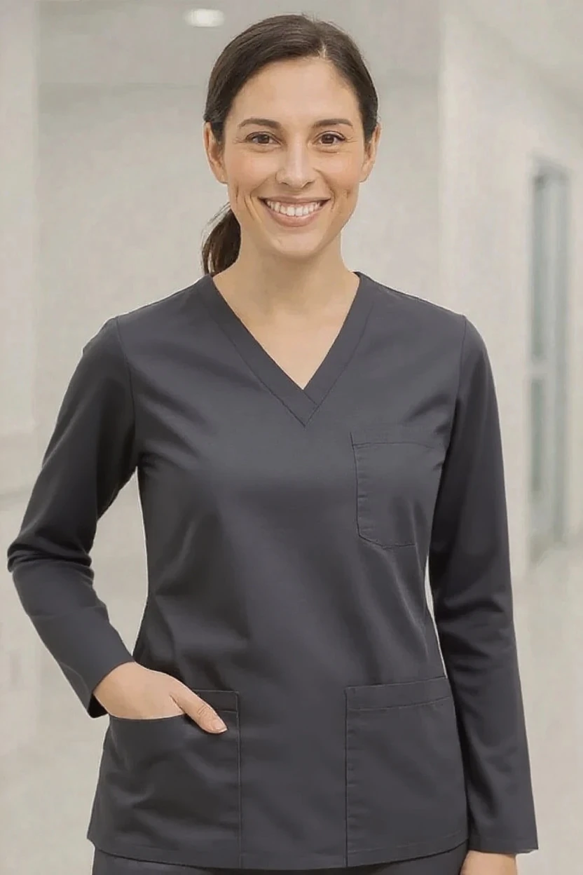 woman wearing a long-sleeve v-neck dark gray scrub