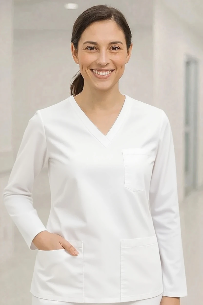 woman wearing a long-sleeve v-neck white scrub