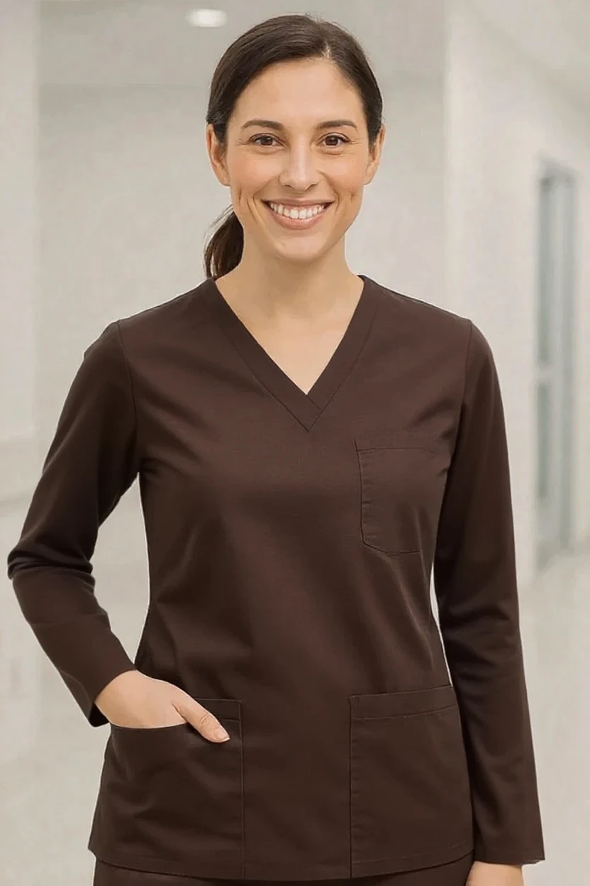 woman wearing a long-sleeve v-neck dark brown scrub
