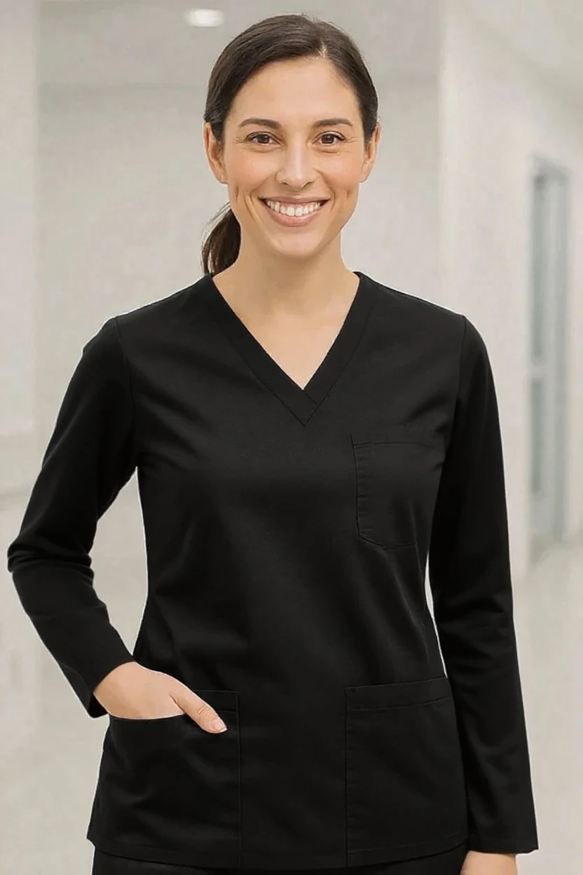 woman wearing a long-sleeve v-neck black scrub