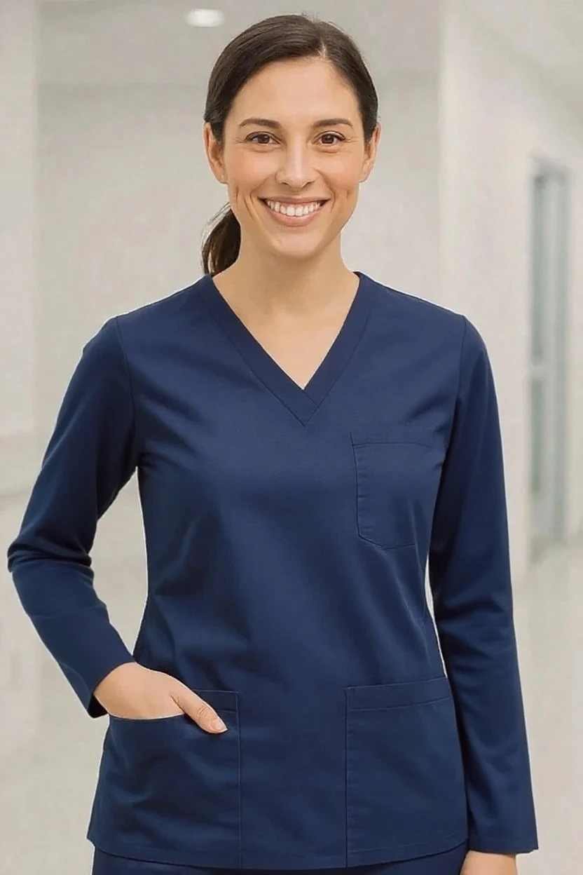 woman wearing a long-sleeve v-neck navy scrub