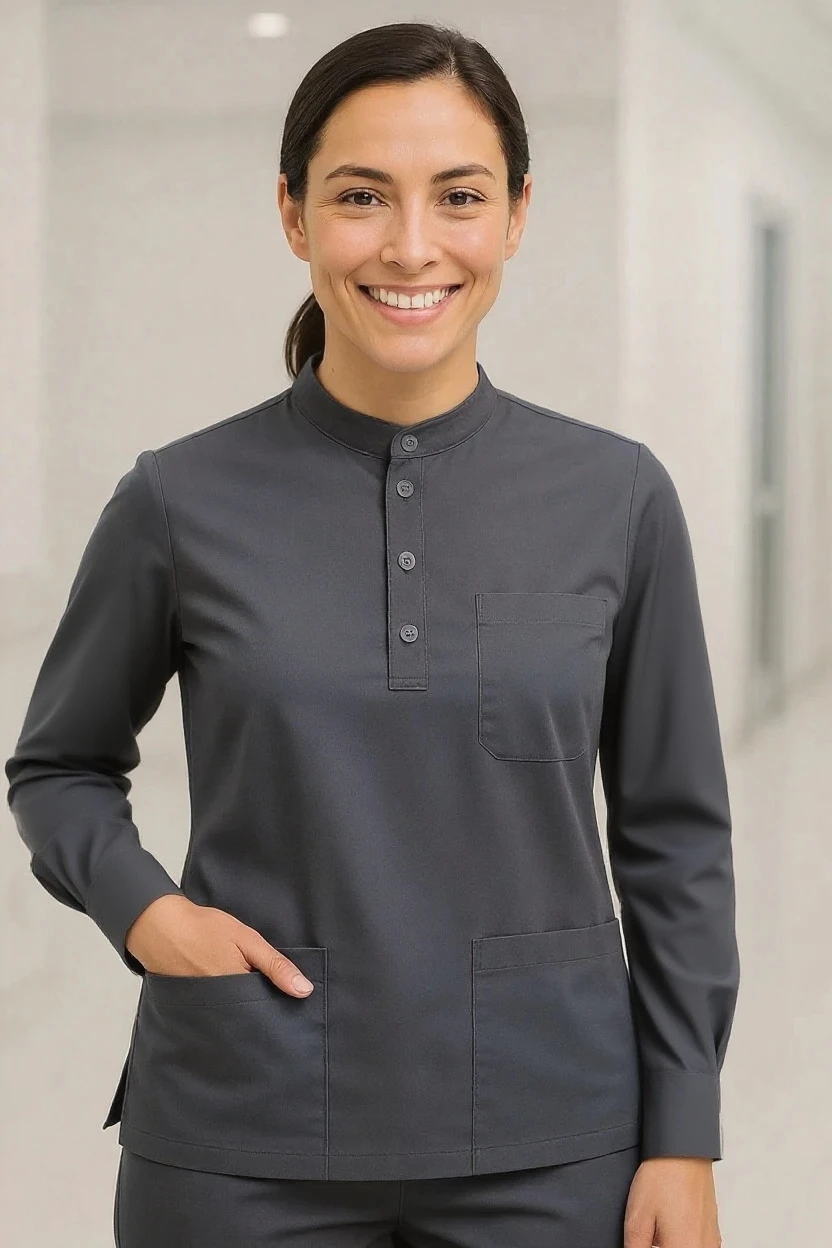 Person wearing a dark gray long-sleeve shirt with a collar in an indoor setting