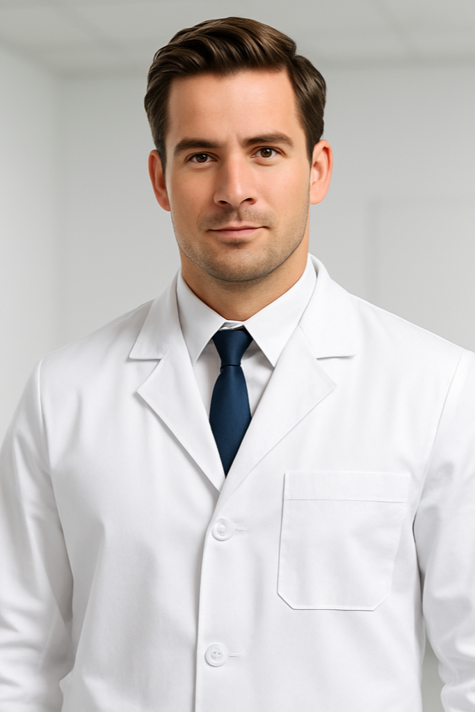 Man wearing a white lab coat and blue tie against a gray background
