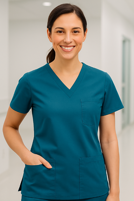 woman modelling wearing a medical scrub